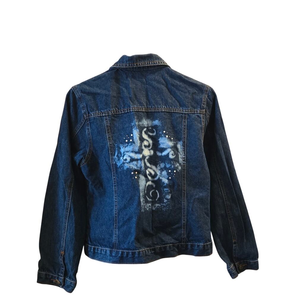 Denim Jacket with Bleached Rhinestone Cross Goth Punk Trucker Medium Wash